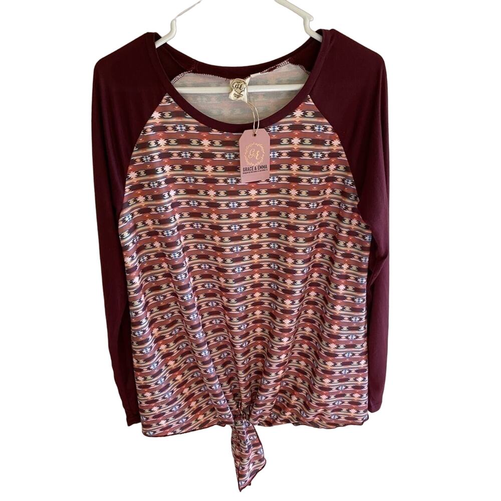 Grace & Emma Boutique NWT Aztec Print Stretchy Tie-Front Baseball‎ Shirt Size M